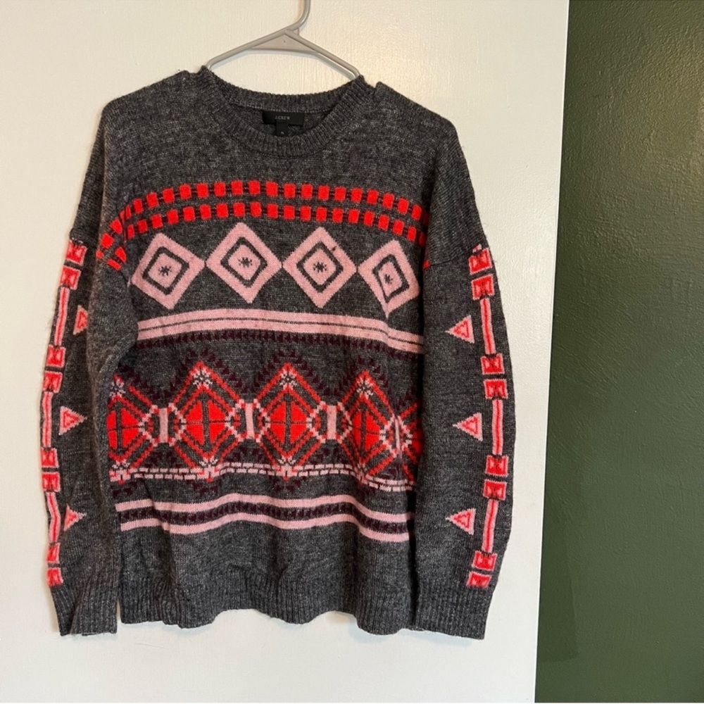 J. Crew Nordic Fair Isle Sweater Gray Pink Orange acrylic Wool Mohair size xl